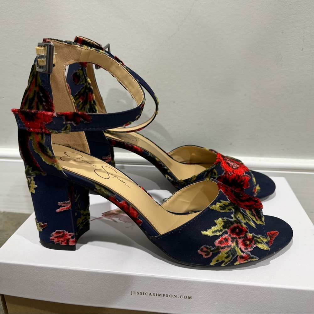 Jessica Simpson Navy Floral Block Heel Sandals